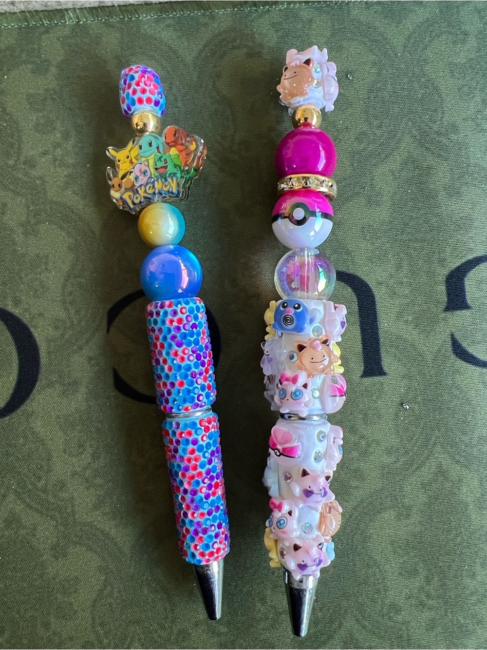 2x pens Pokemon Beaded Pen - Pink & Blue characters novelty